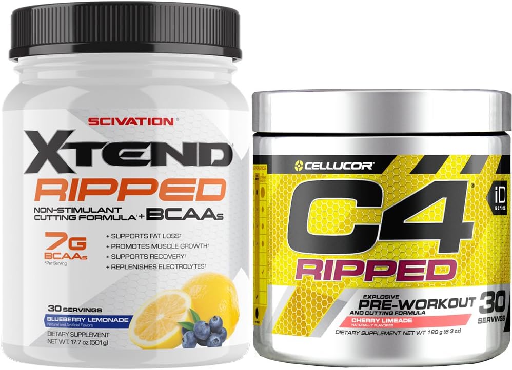 Cellucor C4 Ripped Pre Workout Powder + Fat Burner, Cherry Limeade, 30 Servierungen + Scivation Xtend Ripped BCAA Powder, Blueberry Lemonade, 30 Servierungen
