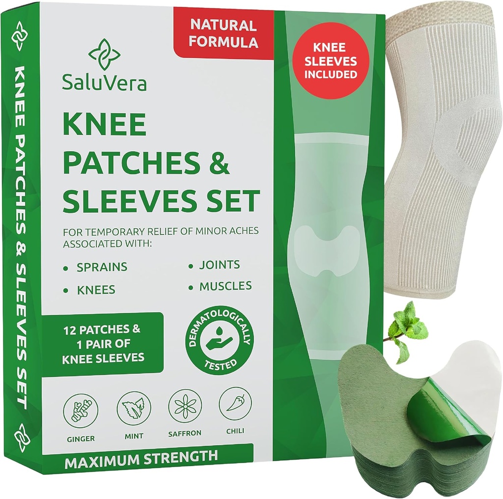Warming Kräuter Knie Patches mit 2 Kompressionsärmeln - Selbst-Heating Relief Patches für Männer & Frauen, natürliche Inhaltsstoffe für beruhigende Unterstützung (12 Patch + 2 Kompressionsärmel)