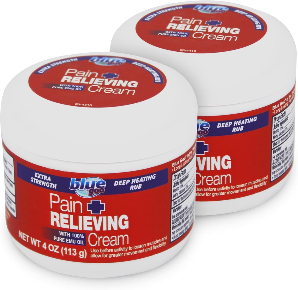 Blue Goo Maximum Strength Pain Relieving Cream - Deep Heiz Rub für Back/Neck, Sport Muscle/Joint, Sprains, Bursitis, Strains - 2 Packungen mit 4 Unzen, Made with 100% Pure Emu Oil