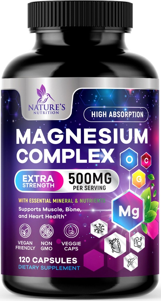 Magnesium Complex Supplement 500 mg - 5 in 1 Hohe Absorption Chelat Magnesium Glycinat, Malat, Citrat, Oxid, Aquamin - Non-GMO Magnesio Kapseln, Knochenmuskel & Herz Gesundheit Unterstützung, 120 Kapseln