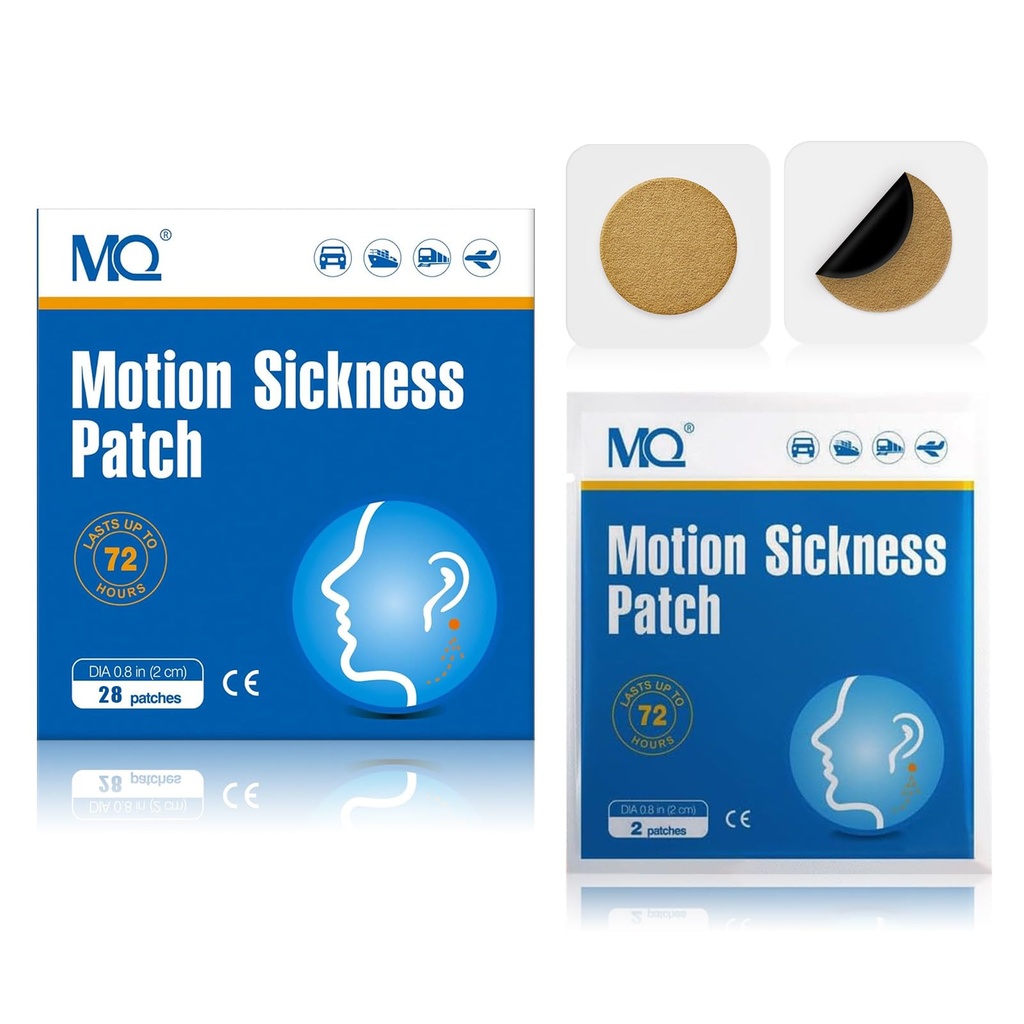 MQ 28ct Motion Sickness Patches Non Drowsy, Sea Sickness Patches für Cruise Travel Essentials, Waterproof Patch Hinter Ohr für Auto Flugzeug Altitude Sickness, Long Last 72H