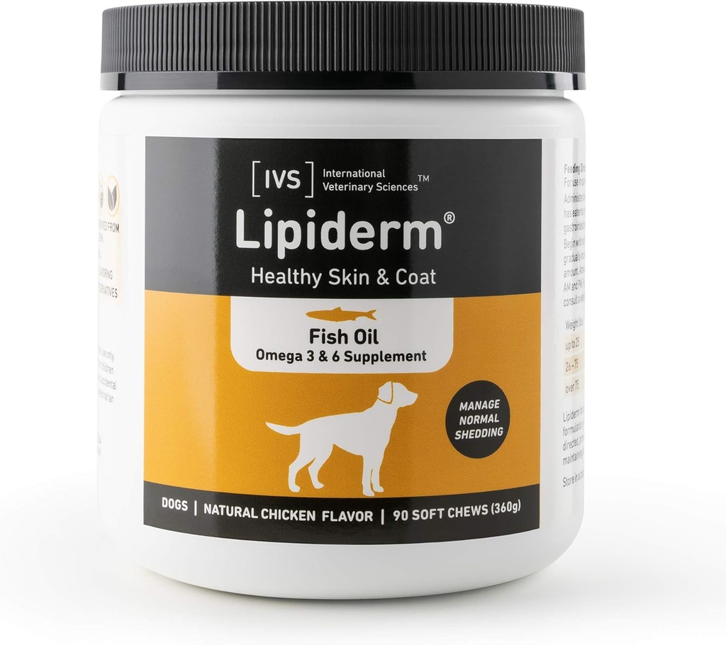 New International Veterinary Sciences IVS Lipiderm Skin and Coat Fish Oil Omega 3 und 6 Nahrungsergänzung Hunde, Made in The USA (Soft Chews, 90 Count)