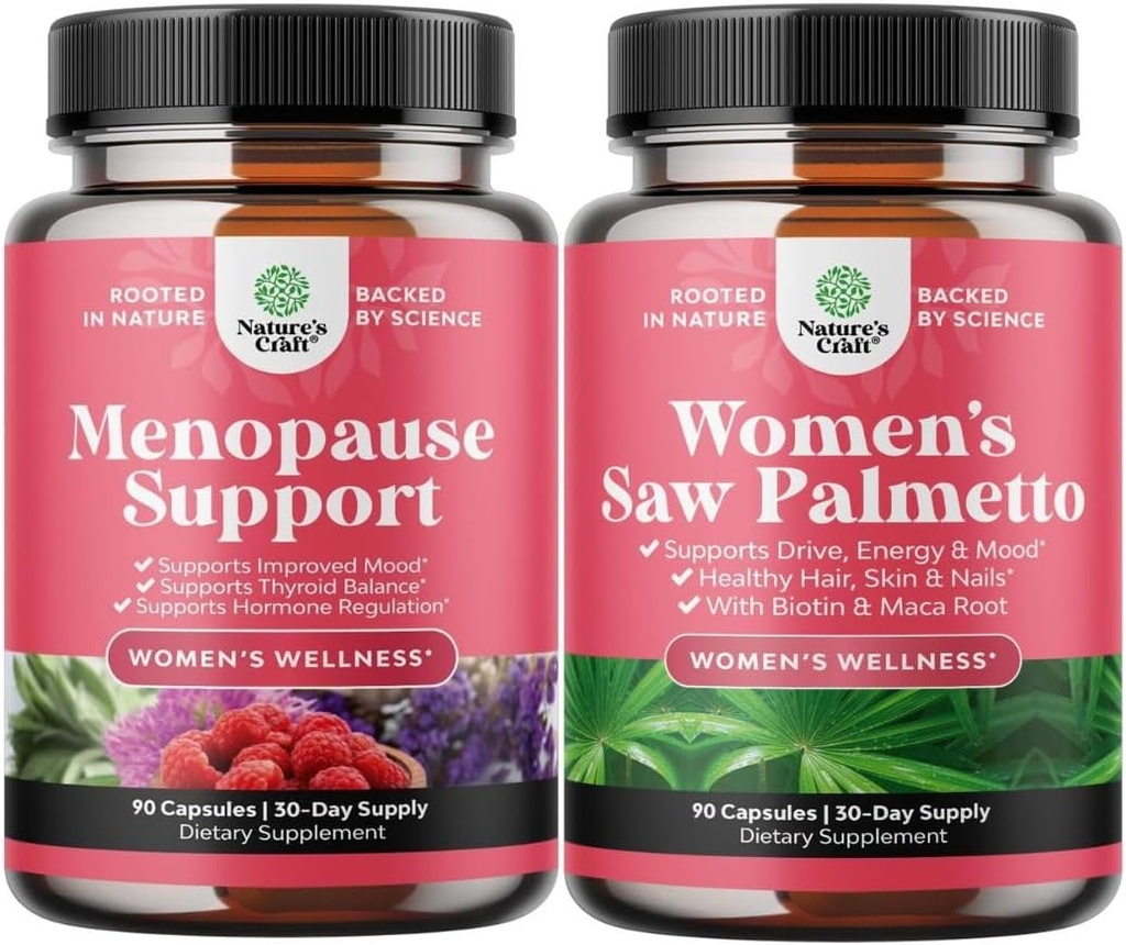 Bundle Menopause Supplement für Hot Flashes mit Dong Quai Vitex Chaste Berry & Black Cohosh & Extra Strength Saw Palmetto für Frauen 500mg - DHT Blocker Haarausfall Ergänzung mit Maca Root & Biotin