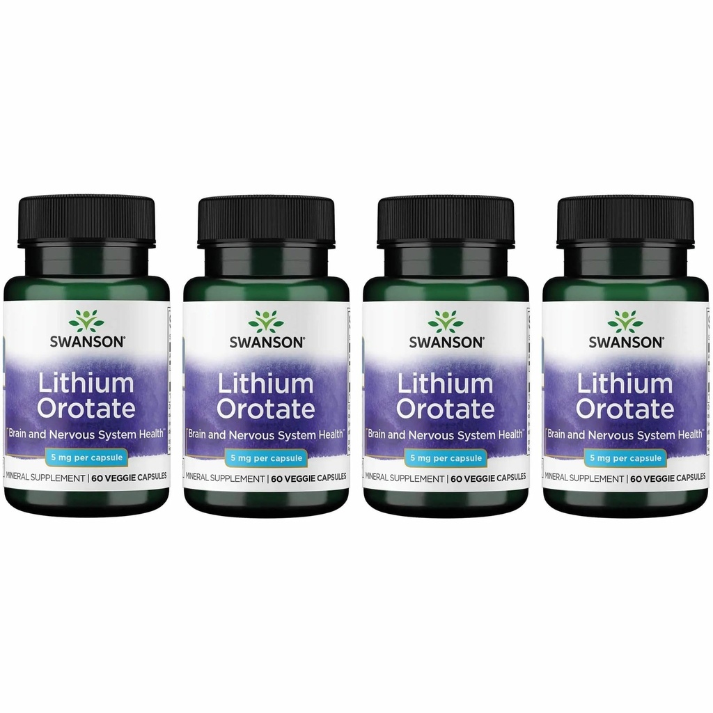 Swanson Lithium Orotate Antioxidant Mood Emotional Wellness Behavior Memory Support Supplement 5 mg 60 Veggie Kapseln (Elemental Lithium) 4 Pack