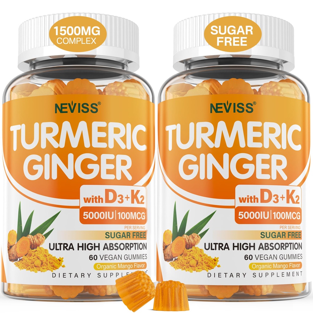 Gommies de gingembre sans sucre avec 5000 UI Vitamine D3 & K2 (MK7), C - Gommies de supplément curcuma végétalien pour adultes 1500mg avec poivre noir, soutient os, immunitaire et santé digestive - 120 Cts