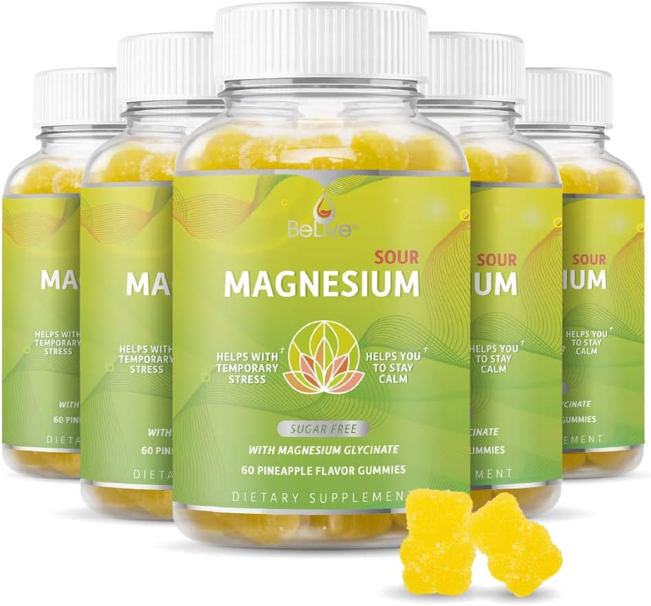 BeLive Magnesium Gummies 200mg - 60 Ct | Magnesium Glycinate Ergänzungen für Entspannung, Stress-Relief und Schlaf für Erwachsene & Kinder - Tasty und Tangy Ananas Flavor (3)