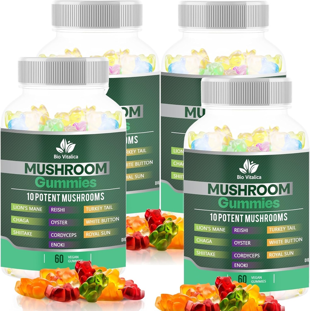 BIO VITALICA Gommies de champignons – 10 Complexe de champignons avec Mane de Lion, Reishi, Chaga, Cordyceps et plus – Gummes végétaliens fruités – Non-OGM, sans gluten, à base végétale – 4 paquets