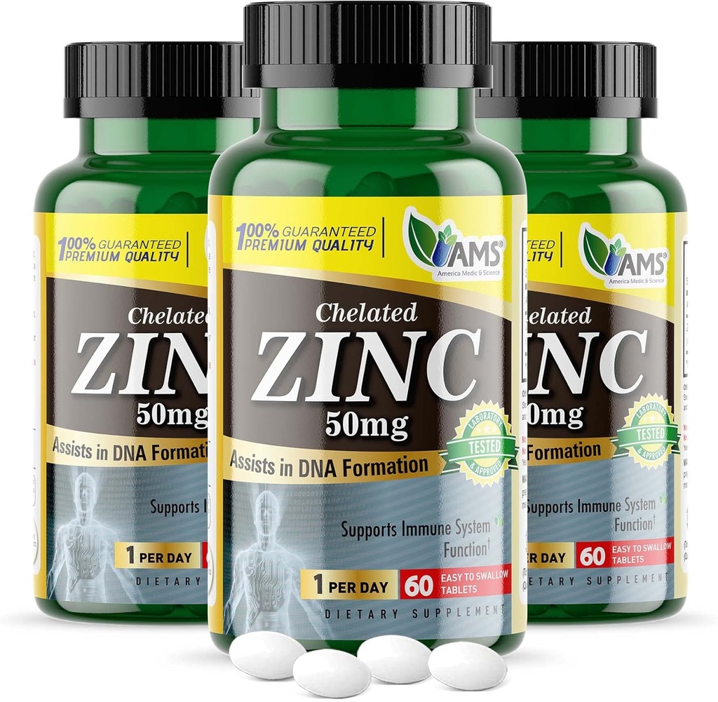 America Medic & Science Chelated Zinc 50 mg Supplements (3 Pack of 60 Tablets) Immune Booster and Powerful Antioxidant Pills for Adults Men and Women | Highly Absorbable Mineral, Improves Mood & Sleep