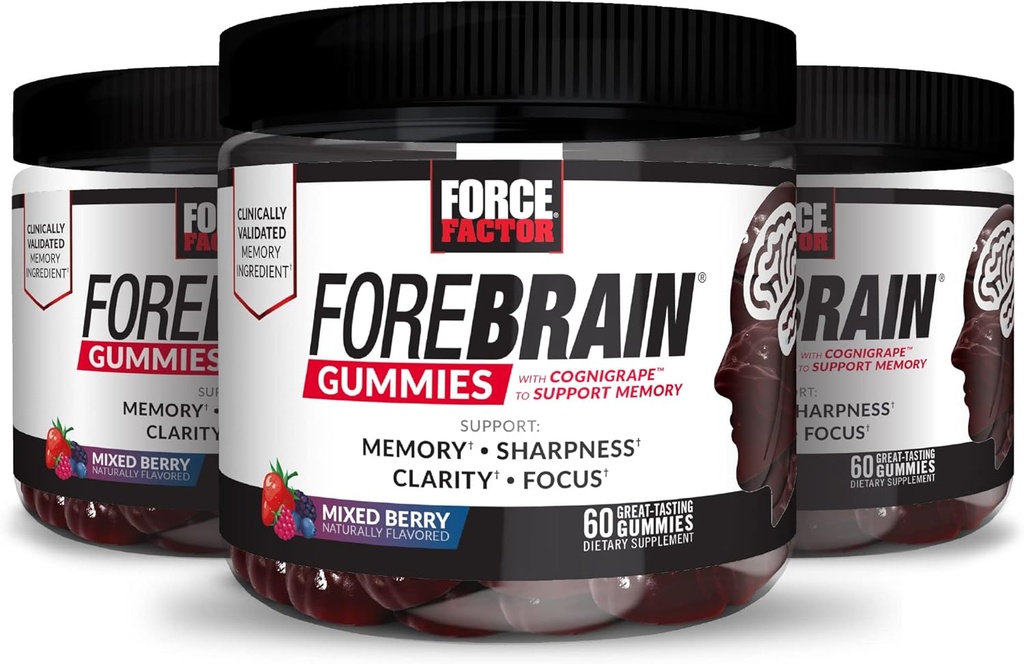 FORCE FACTOR Forebrain Gummies, 3-Pack, Nootropic Brain Support Supplement für Memory & Focus, Brain Vitamin mit COGNIGRAPE & Huperzine A, Fokusgummis zur Unterstützung von Recall & Sharpness, 180 Gummis