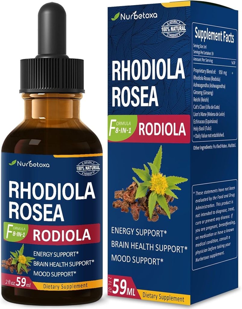 Rhodiola Rosea (Rodiola) Extract Drops, Supplément naturel adaptogène/W Ashwagandha, Ginseng, Saint-Basile, et Echinacea pour l'énergie, la santé cérébrale, l'immunité et le soutien de l'humeur. 2oz
