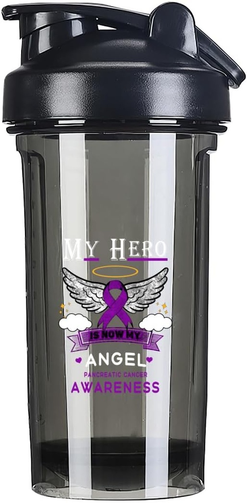 Il mio eroe è ora il mio Angelo Pancreatic Cancro 18 Ounce Shaker bottiglia Bere Mixer Leak-proof Pre Workout Protein Shakes Meal Sostituzione Shakes Bottiglie 500ML/18 Oz Nero