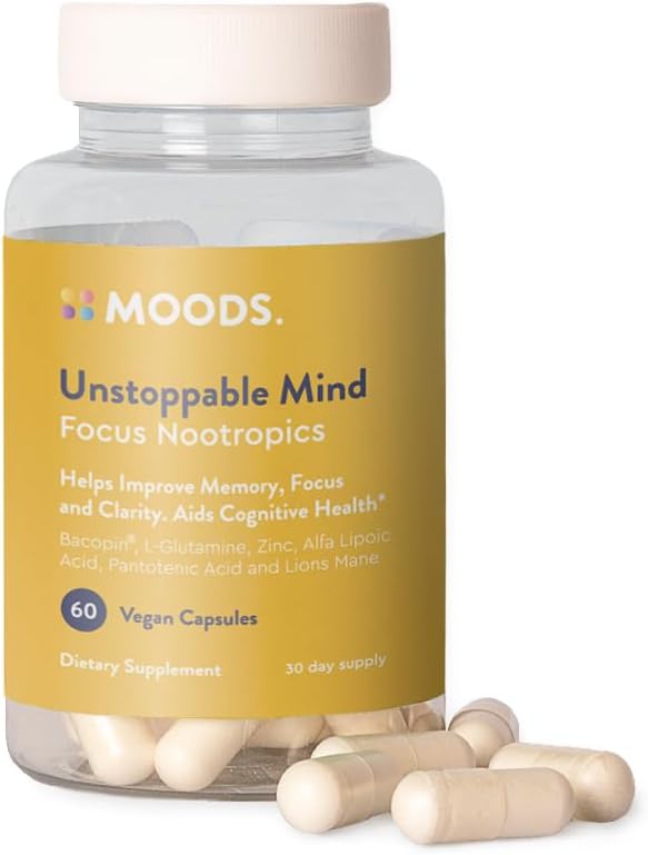 Moods | Unstoppable Mind | Focus Nootropics | Boost Energy and Mental Agility, Memory, Concentration | Bacopin, L-Glutamin, Lion's Mane, Alpha Lipoic Acid, Pantothenic Acid | 60 Vegan Capsules