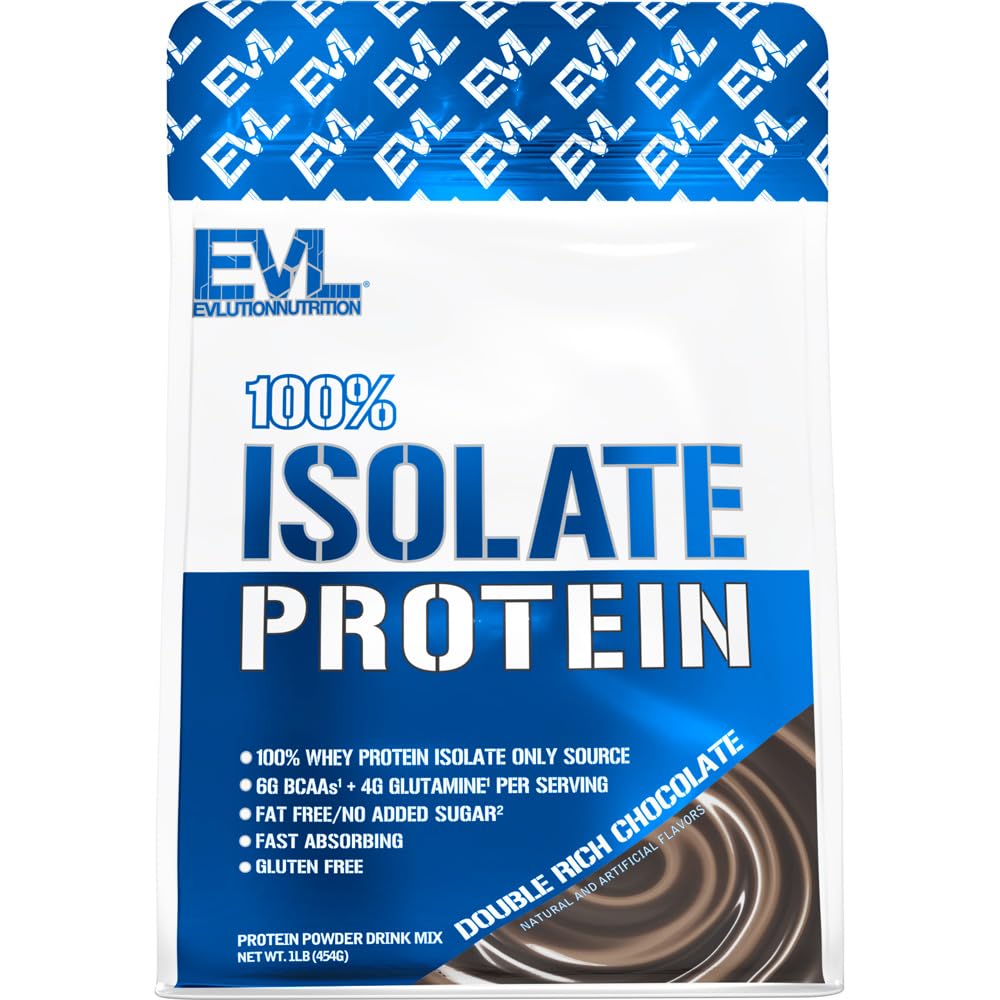 Évlution Nutrition 100% Isolé, Poudre de protéines Isolée Whey, 25 G de protéines d'absorption rapide, sans sucre ajouté, faible teneur en glucides, sans gluten (chocolat double riche, 1 LB)