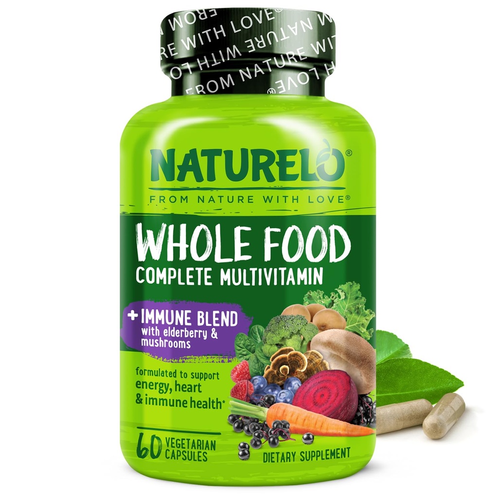 NATURELO Ganzes Essen Multivitamin + Immunmischung mit Elderberry & Pilze - Komplettes Multivitamin mit extra Immununterstützung - C, D3, Zink, Elderberry, Reishi, Shitake - 60 Vegan Kapseln