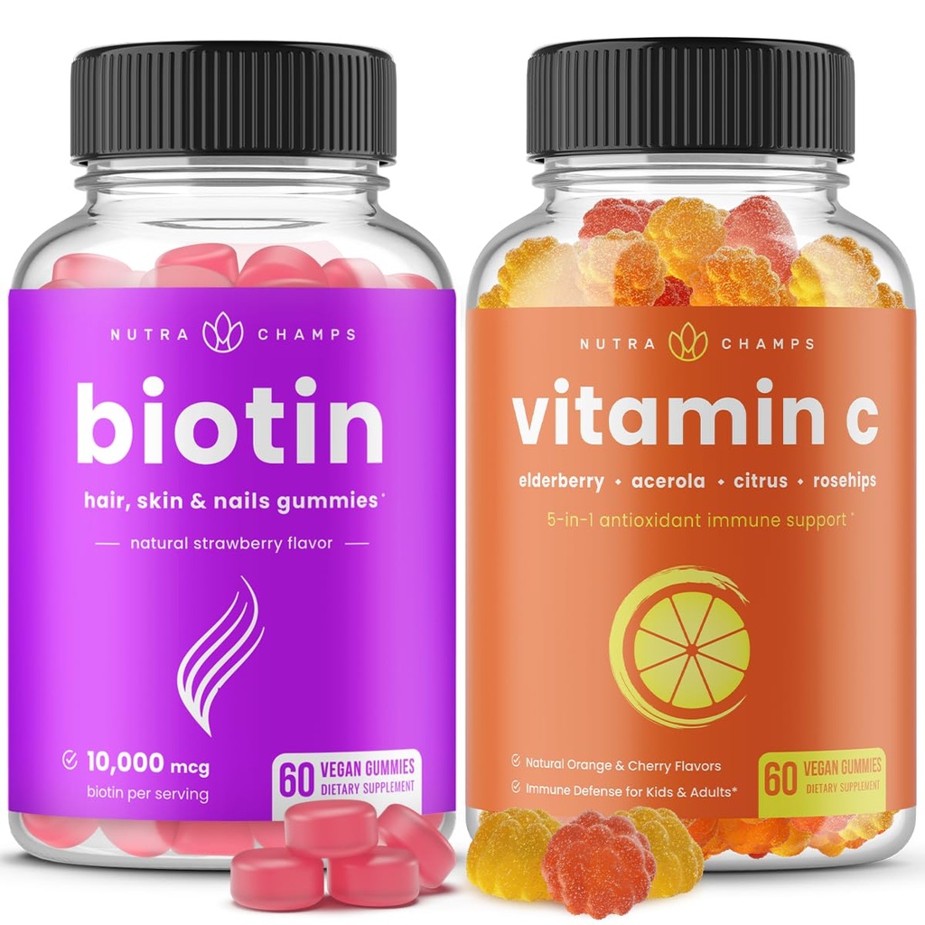 Gommies de biotine NutraChamps et enveloppes de 2 paquets de vitamines C