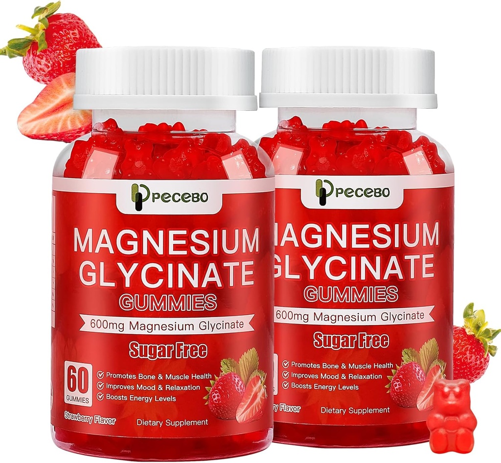Magnesium-Glycinat-Gummi 600mg, Zucker freie Magnesium-Gummi für Erwachsene, Erdbeer-Magnesium-Ergänzung für Stress & Muskelrelief & Nerve Gesundheit, Non-GMO, Glutenfrei, Vegan, 120 Zähler