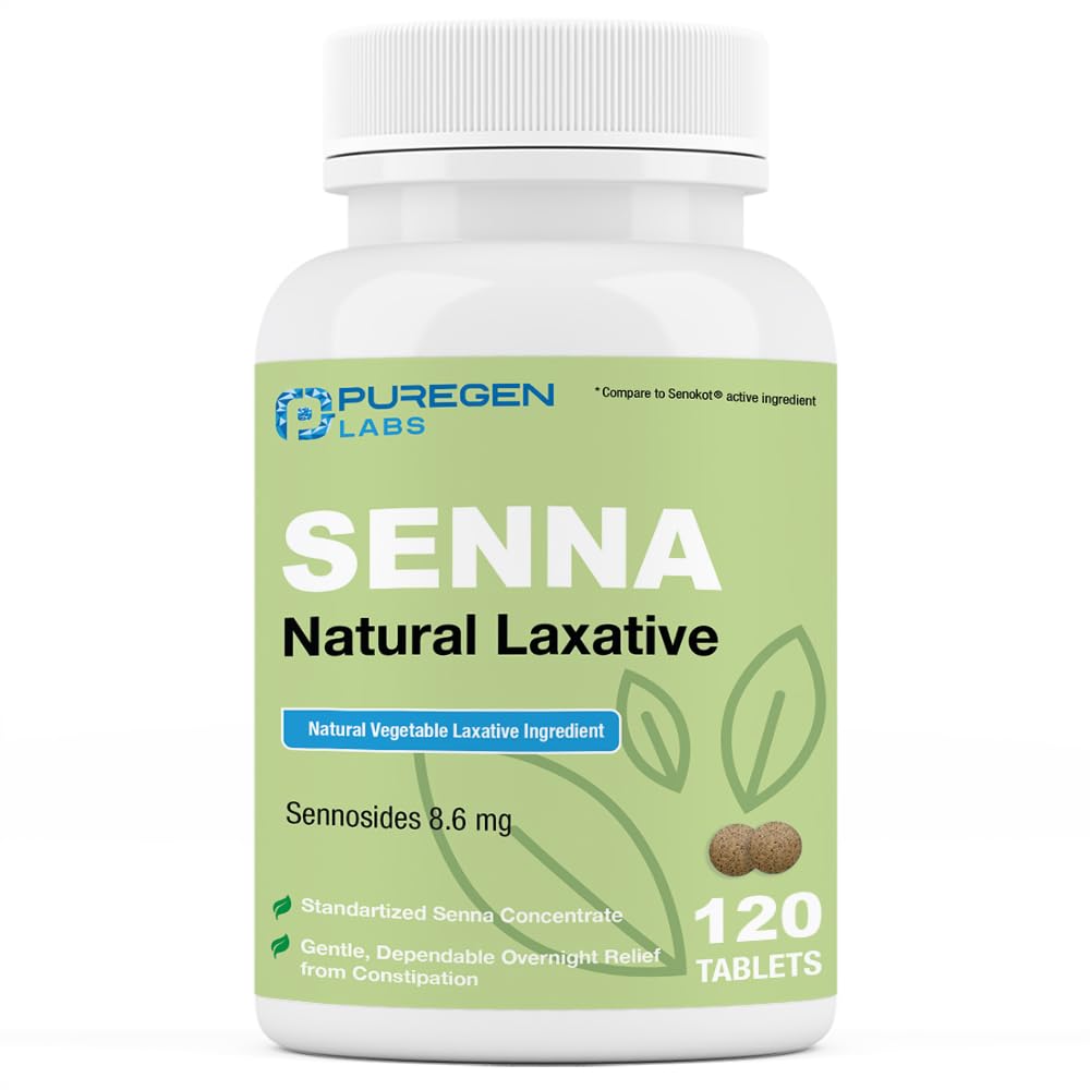 Puregen Labs Senna 8.6 mg Tablets (120 Count) – Natural Sennosides Vegetable Laxative for Constipation, Bloating, Gas, Irregularity Relief