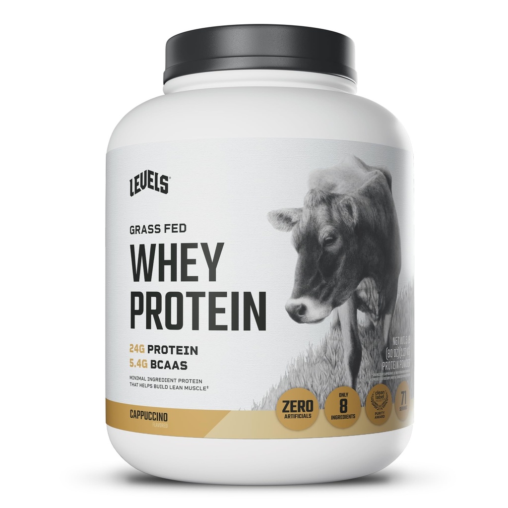 Livelli Grass Fed Whey Protein Powder, Senza Artificiali, 24G di Proteine, Cappuccino, 5LB