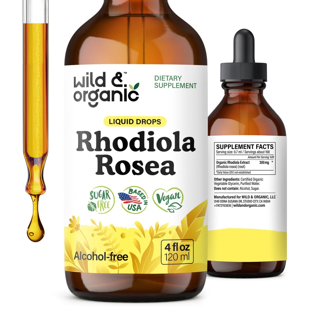 Wild & Organic Rhodiola Rosea Tincture - Rhodiola Rosea Supplemento per Mood Support - Rilassante Root Extract Liquid Drops - Vegan, Sugar & Alcohol-Free - 4 fl oz