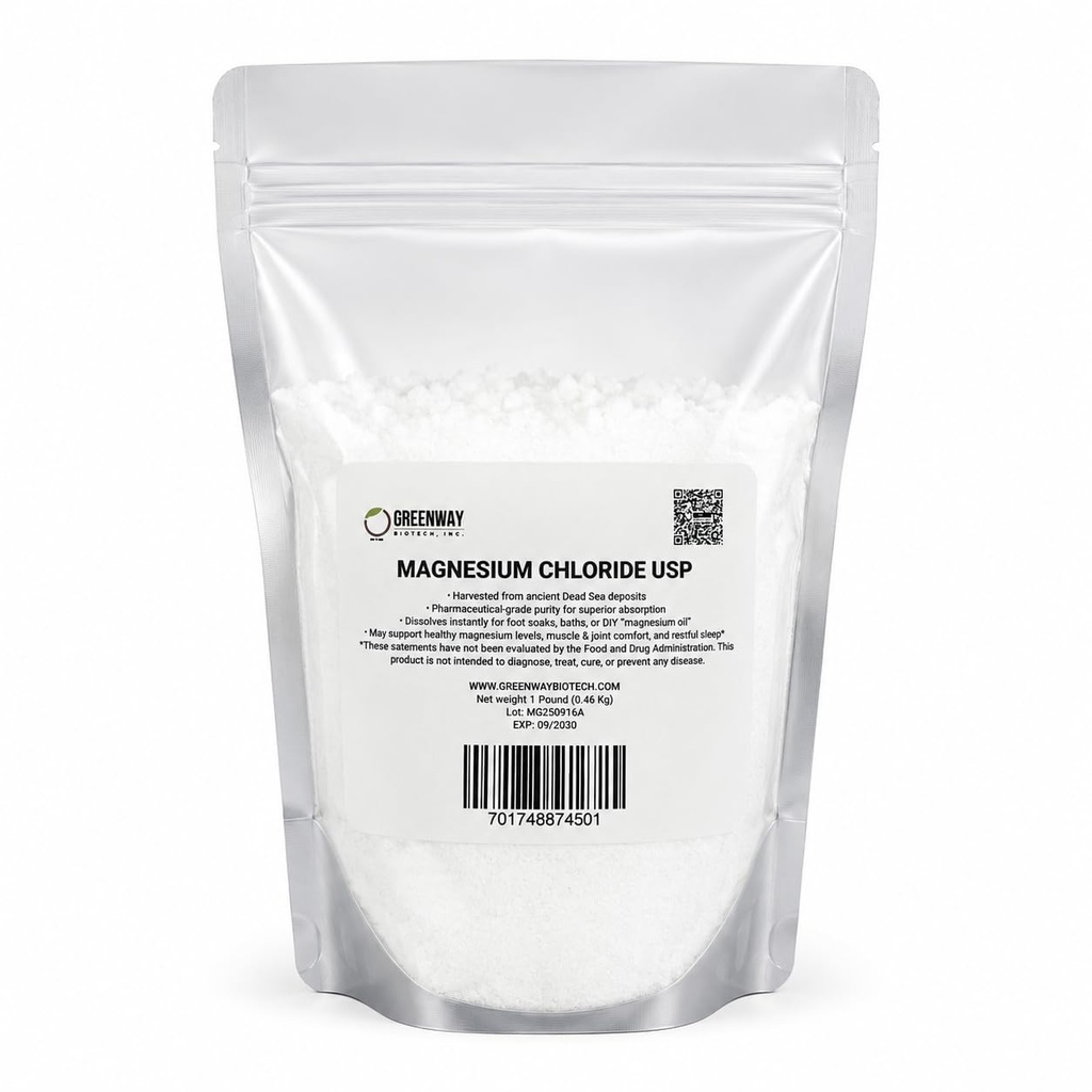 Greenway Biotech, Inc. Organic Magnesium Chloride USP Supplemento 100% Cloruro de Magnesio Comestible Powder (Pharmaceutical Grade) | Pure Ph. EUR., BP, USP | 1 Pound