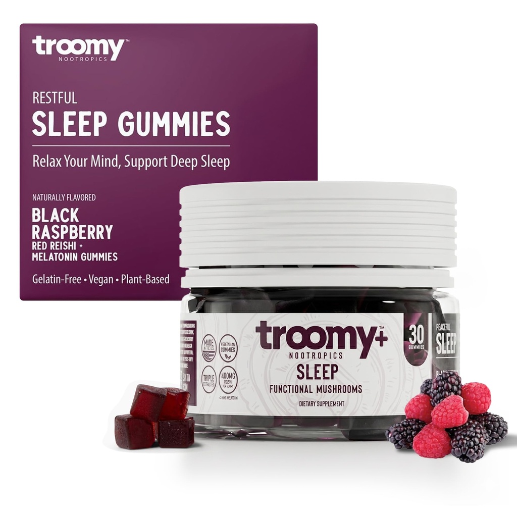 Troomy Sleep Reishi + Melatonin Grande dégustation de champignons Gummies - soutient le sommeil reposant - framboise noire - 30 comte