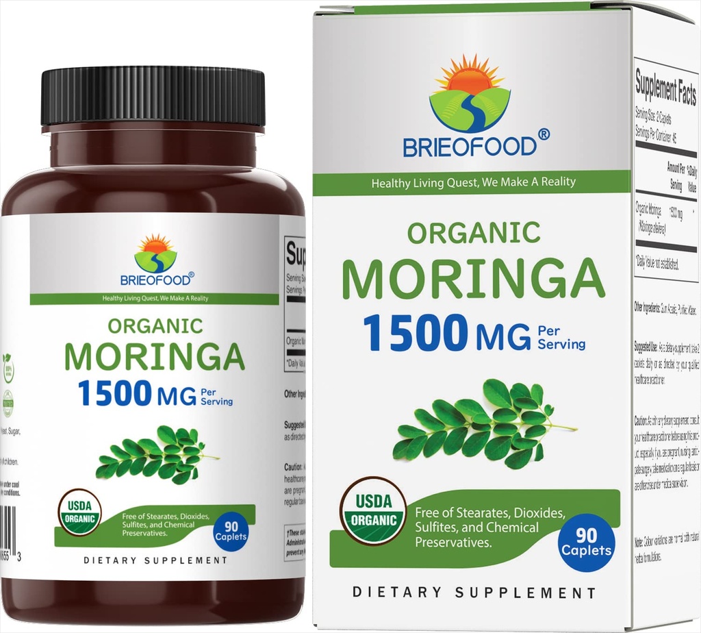 Brieofood Organic Moringa 1500mg, 45 Serve, Vegetariano, Senza Glutine, 90 compresse vegetariane