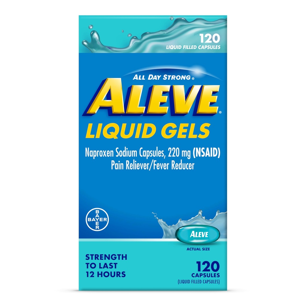 Capsule liquide di Aleve, capsule di sodio di Naproxen 220 mg (NSAID), Riduttore di dolore / febbre, Rilievo di dolore veloce, 120 conte