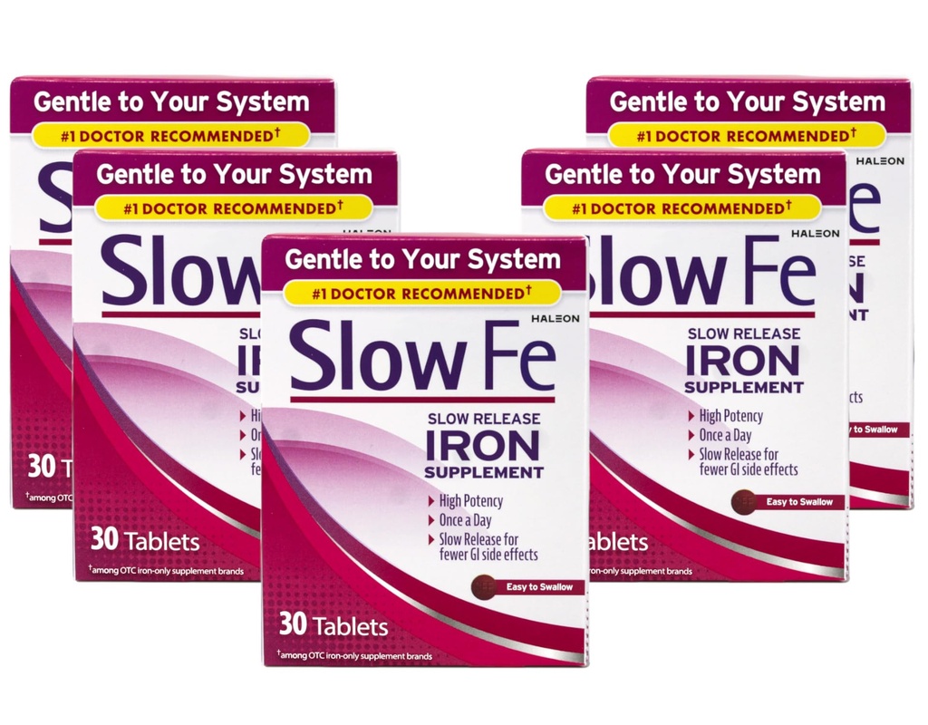 Slow Fe Slow Release Iron Supplement, Hohe Potenz, Einmal am Tag, Gentle on System, 30 Tabletten (Pack von 5)