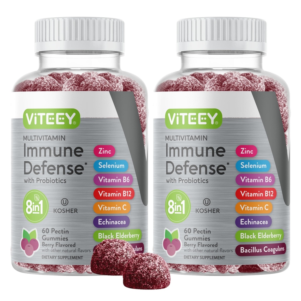 Viteey Multivitamin Gummies 8 en 1 Supplément de soutien immunitaire avec probiotiques - Immune Boosters pour adultes et adolescents - Végétarien, sans gélatine, sans OGM - Chewable Berry Flavored Pectin Imune Defense