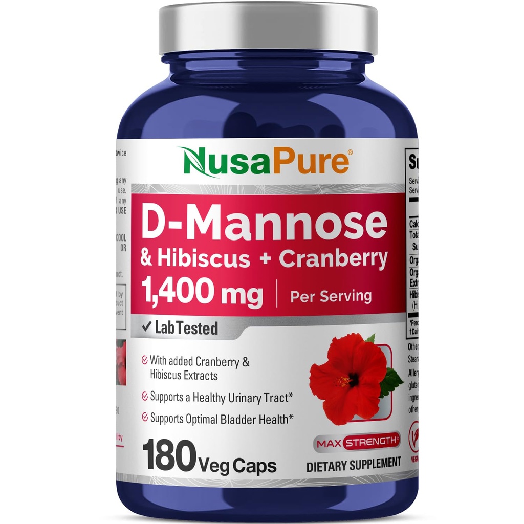 Complexe NusaPure D-Mannose 1400 mg (avec Hibiscus et Cranberry) - 180 Veggie Caps.