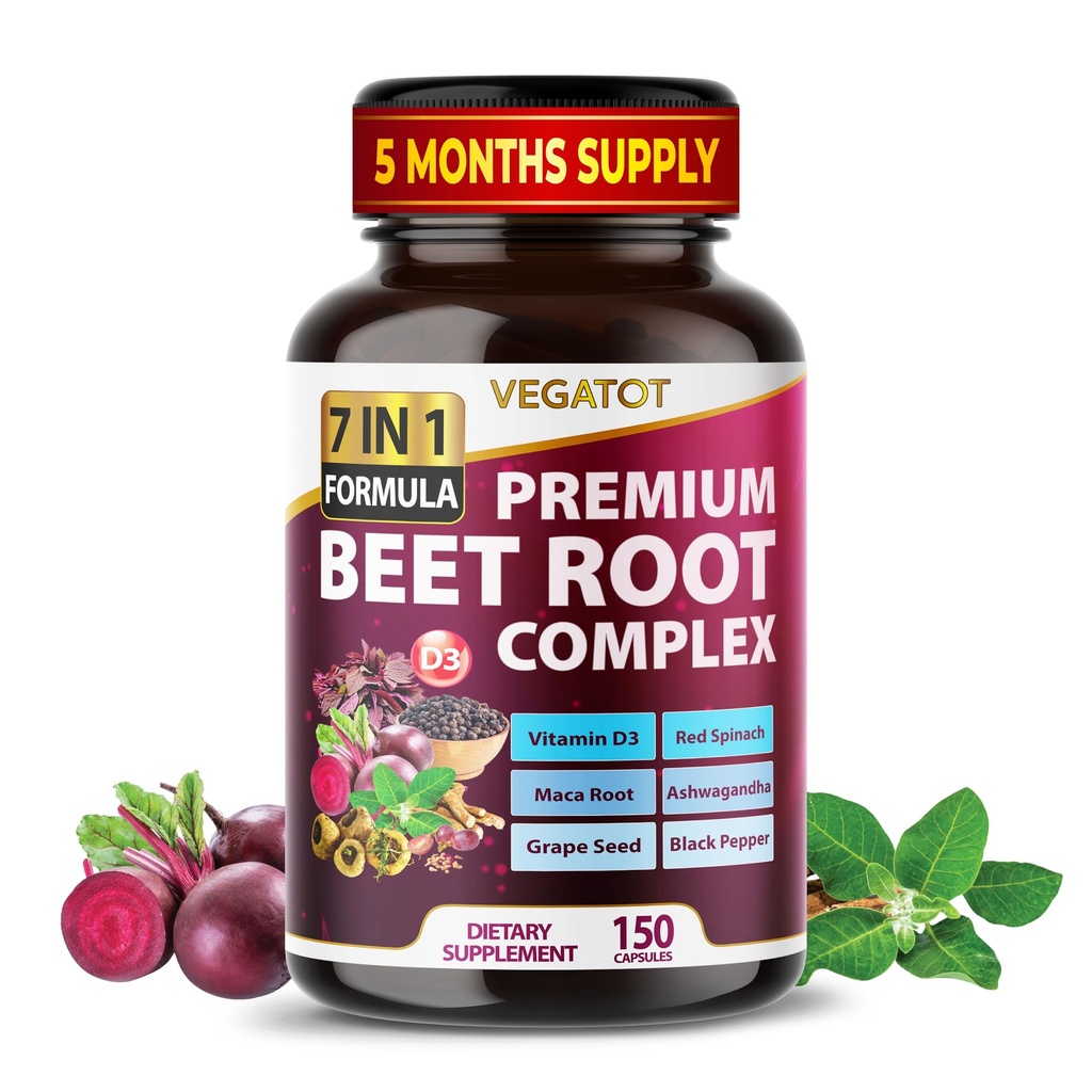 VEGATOT Beet Root *USA Hergestellt und getestet* Konzentriert mit Ginseng Maca Root Ashwagandha - Energy Stamina Immune Support (150 Count (Pack von 1))