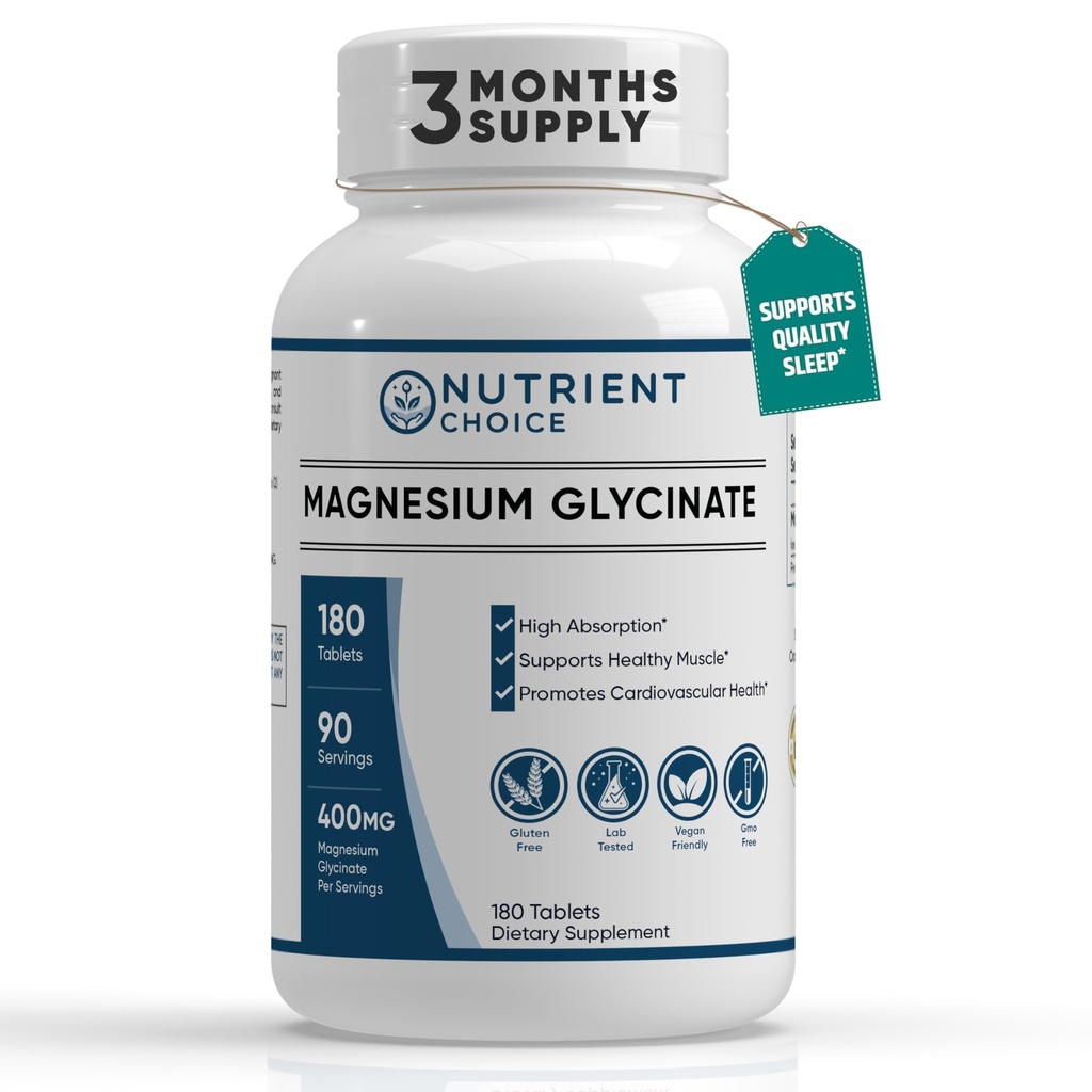 400 mg Magnesio puro Glycinate 180 compresse non tamponati ad alto assorbimento Non OGM promuove la salute cardiovascolare per il sollievo da stress, sonno, salute del cuore, muscoli della malattia, mal di testa, mal di testa calma, nervi