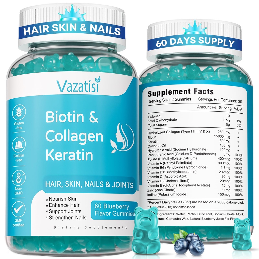 Gommies Biotin 2 Pack avec collagène et kératine pour ongles de peau de cheveux- Femmes Hommes, Enfants - 120 Gommies aromatisées aux bleuets