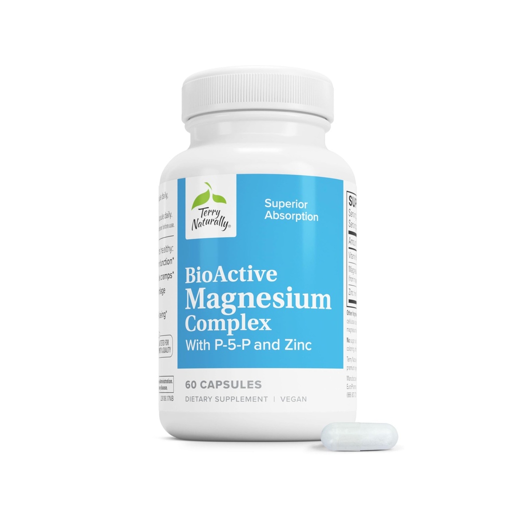 Terry Naturally BioActive Magnesium Complex - Knochen & Herz-Gesundheit Unterstützung - Ergänzung mit Vitamin B6, Zink & Magnesium - Pyridoxal-5-Phosphate Vegan Kapsel Supplement - 60 Kapseln