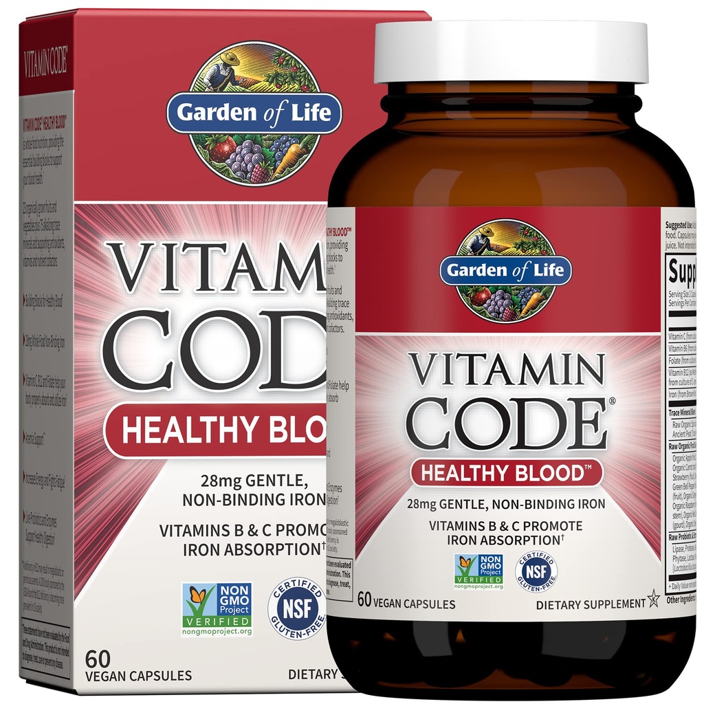Jardin de la vie Vitamine Code Healthy Blood - Supplément de fer pour les femmes, 60 Capsules de végétaliens, avec des vitamines B, C, Trace Minerals, légumes fruitiers, probiotiques - pour l'énergie et l'anémie