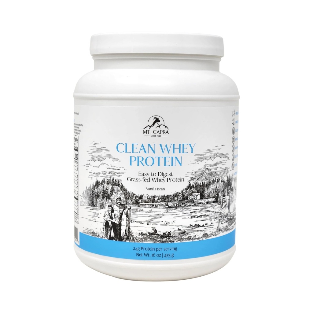 Mt. Capra Clean Whey Protein | Grass-Fed Undenatured Goat Whey Protein Powder | 24 g Protein Per Serving, All Natural, Non-OGM, High in Branch Chain Aminoacidi | Vanilla Bean | 15 Servings - 16 oz