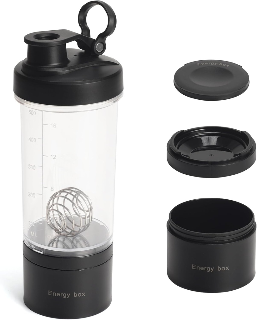 Blender Protein Shaker Tritan Flasche mit Pille/Powder Aufbewahrungsbehälter für Protein Shakes-pre Trainingsflasche-Mixer Cup-Gym Sport Wasserflasche mit Draht Whisk Balls Schwarz