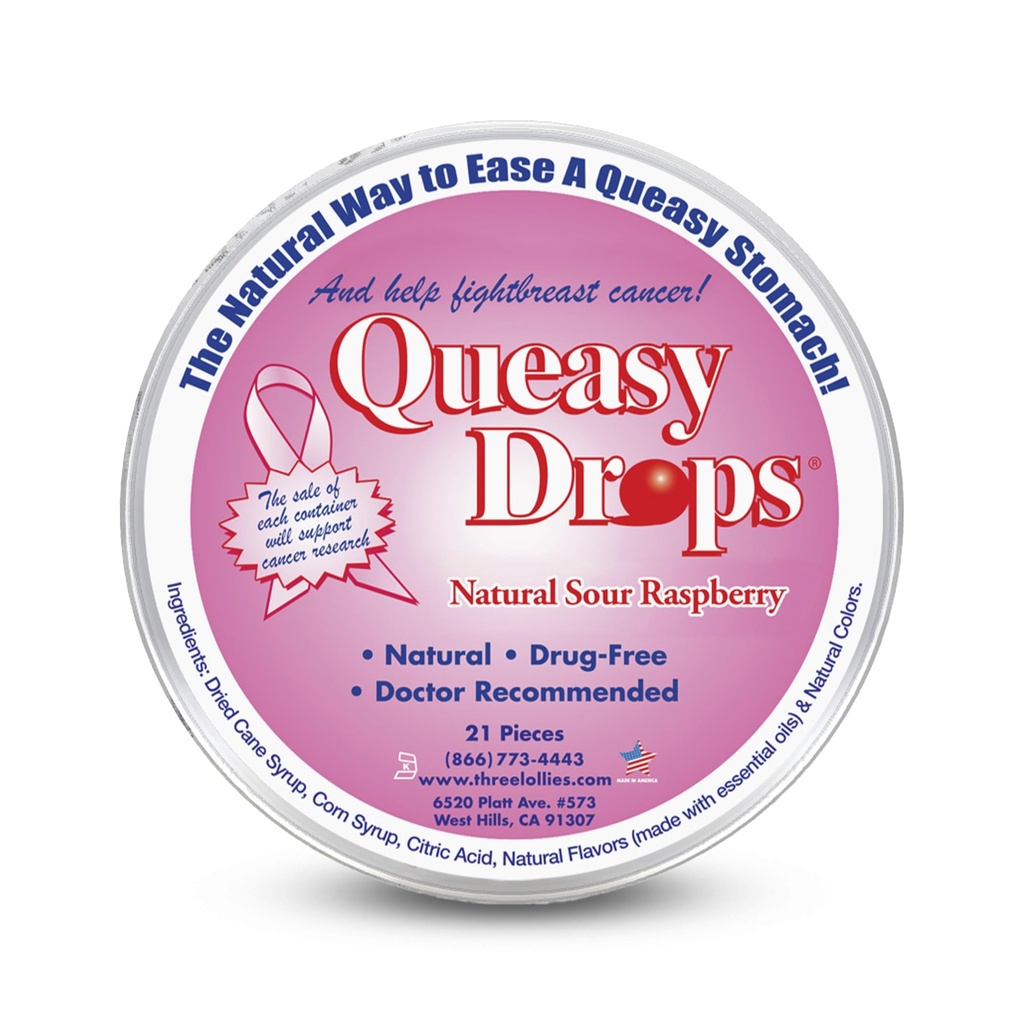 Drei Lollies Queasy Tropfen - Sour Raspberry Flavor - Travel Sickness & Nausea Relief, Beruhigt Stomach & Dry Mouth, Natürliche Zutaten - 21 ct