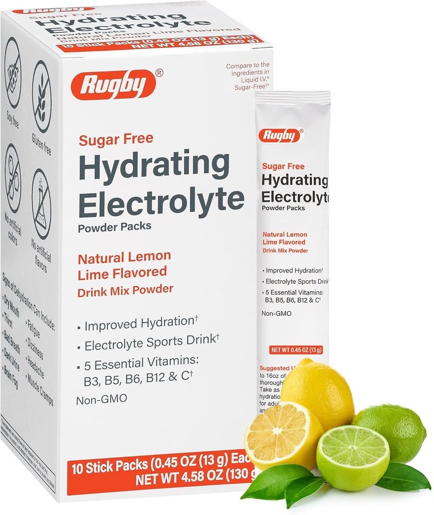 Rugby Sugar-Free Hydrating Electrolyte Powder Packs - Drink Mix Powder Packets mit 5 Vitaminen - Verbesserte Hydration - Natürliche Zitronen-Lim Flavor - 10 Stick Packs - 0.45 Oz Jeder (1 Pack)