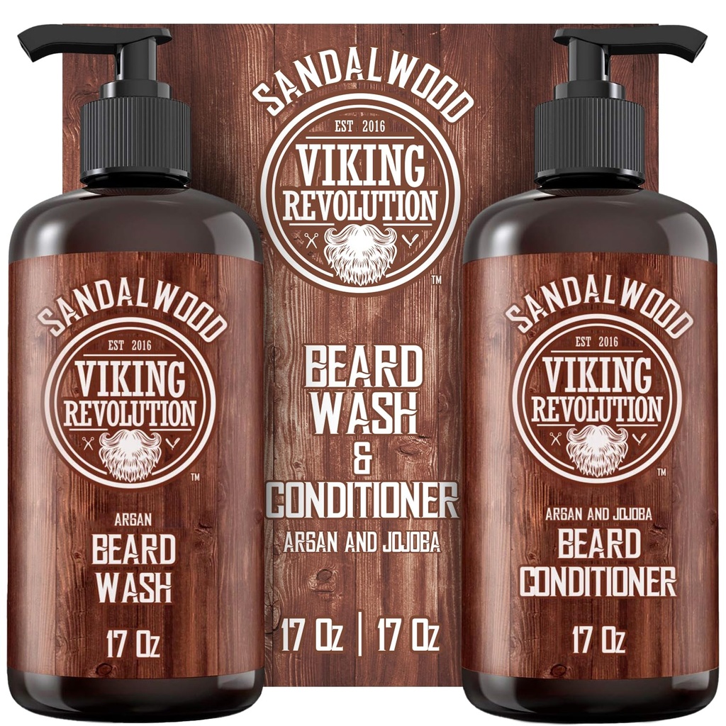 Viking Revolution Beard Wash & Beard Condizionatore Set con olio di Argan & Jojoba - Ammorbidisce e rinforza - Profumo di Sandalo Naturale - Shampoo di Beard con olio di Beard (17 oz)