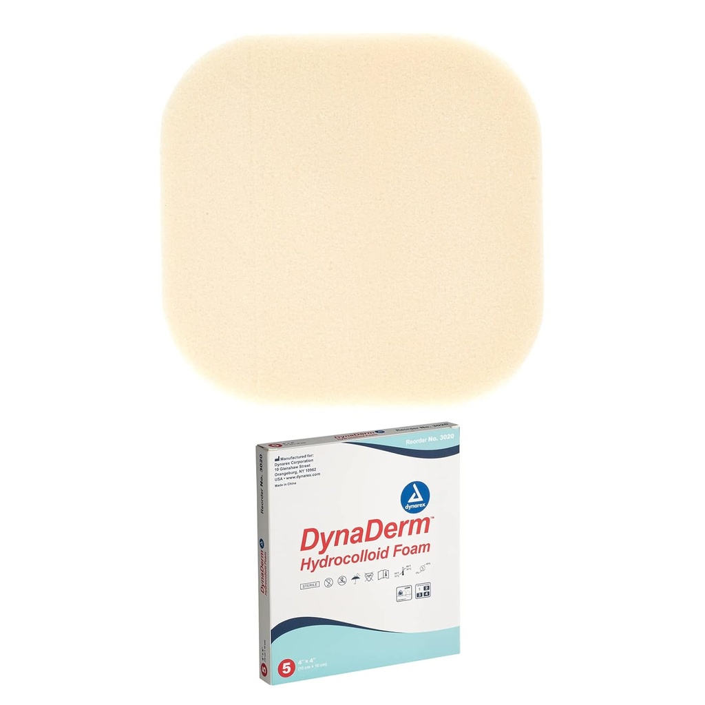 Dynarex DynaDerm Idrocolloid Abiti, Sterile Moist Bandages Usato per tutti i tipi di Wounds, 4" x 4", Foam & Latex-Free, Peel-Down Patches - 1 Box di 5 Abiti