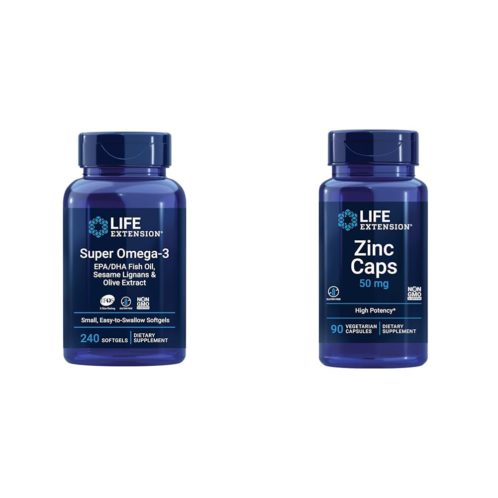 Estensione della vita Super Omega-3 EPA/DHA Fish Oil, sesamo Lignans & Olive Extract - Omega 3 Supplementi & Zinc Caps, zinco 50 mg, zinco Citrato, Supporto Le difese immunitarie del corpo