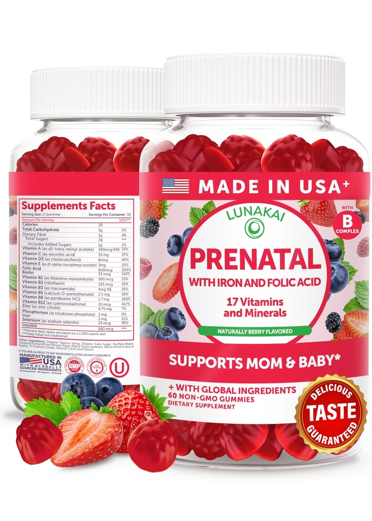 Lunakai USA Hergestellte pränatale Vitamine mit Eisen- und Folsäure - Köstliche Schwangerschaft Multivitamin-Gummi für Frauen, 60 Count