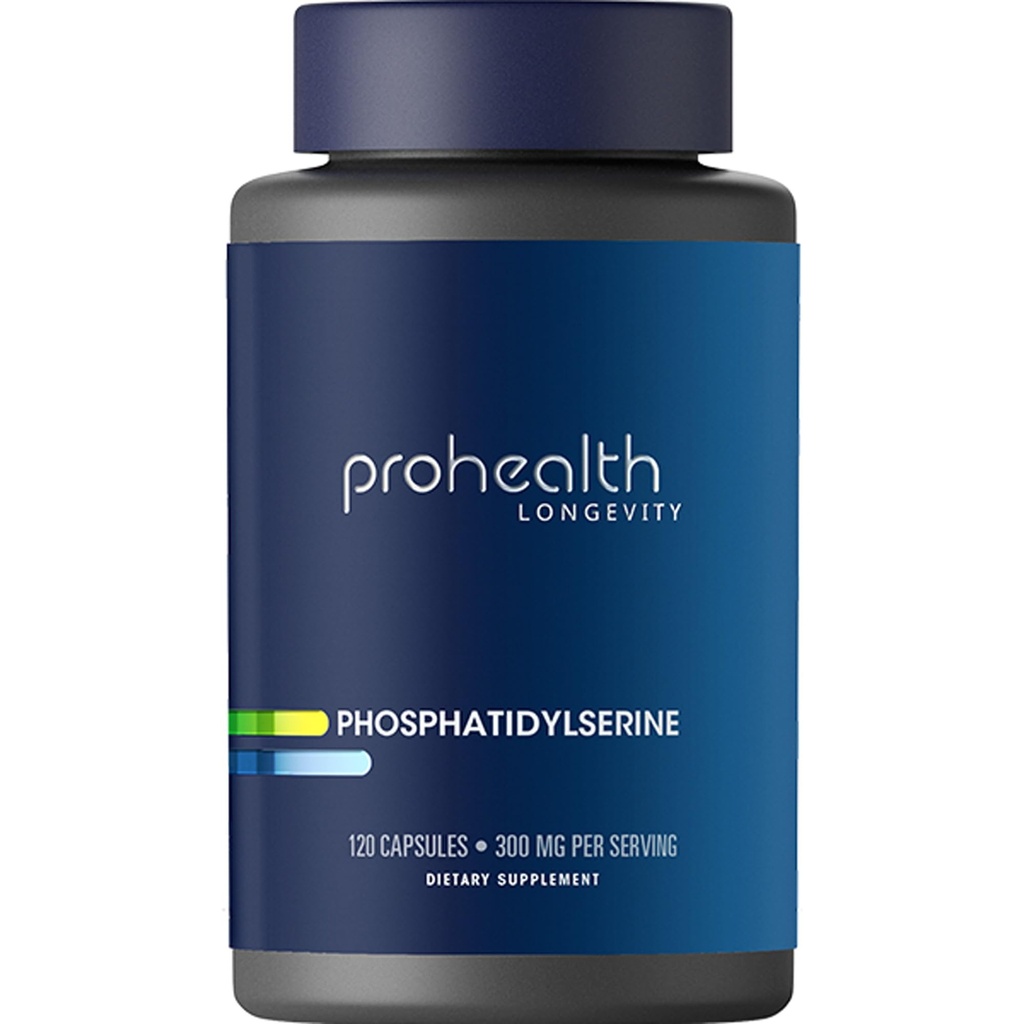 ProHealth Phosphatidylsérine. Protège la cognition et la santé cérébrale. Soutient la fonction du système nerveux sain. Améliore la performance sportive et le rétablissement. 300 mg par 2 capsules, 120 capsules.