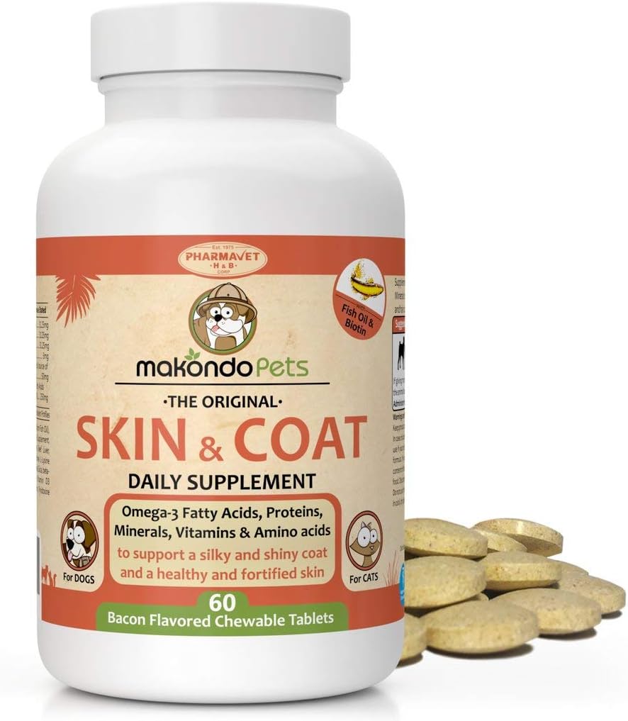 Supplément de peau et de manteau avec huile de poisson et oméga 3 pour chiens et chats - Supplément de déchiqueture pour animaux de compagnie pour Shedding, démangeaisons sèches et allergies - Vitamines de traitement d'allergie pour chiens (60 onglets)