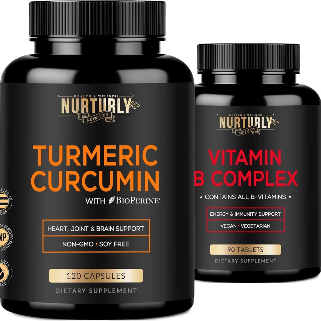 Vitamine B complexe et curcumine curmérique - Contient toutes les vitamines essentielles B - B1, B2, B3, B5, B6, B7, B9, B12 et Biotine - Suppléments curmériques à haute absorption 1300mg pour la santé articulaire, cardiaque