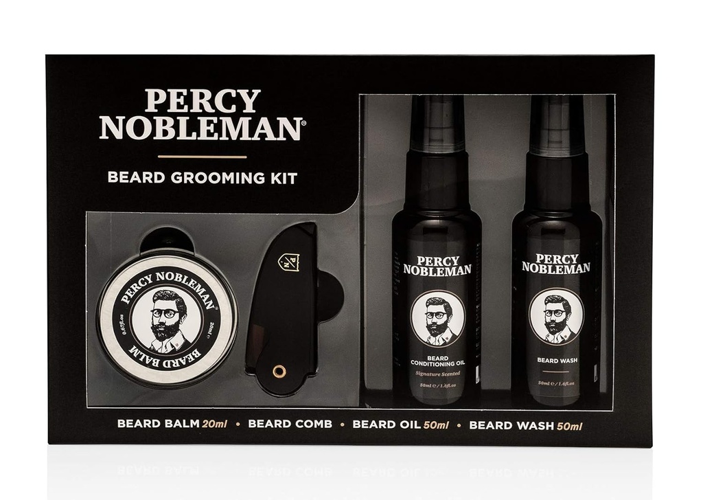Percy Nobleman Bart Grooming Kit - Signature Scented Beard Oil 50ml, Wash 50ml, Balm 20ml & Comb