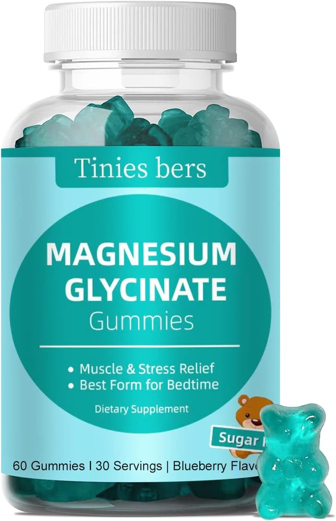 Glycinat de magnésium Gommies 500mg, sans sucre pour les adultes et les enfants, Meilleurs Gommies de magnésium pour le sommeil, le stress et le soulagement musculaire et la santé nerveuse, Pas de mélatonine, sans gluten, sans OGM, végétalien, pectine, 60