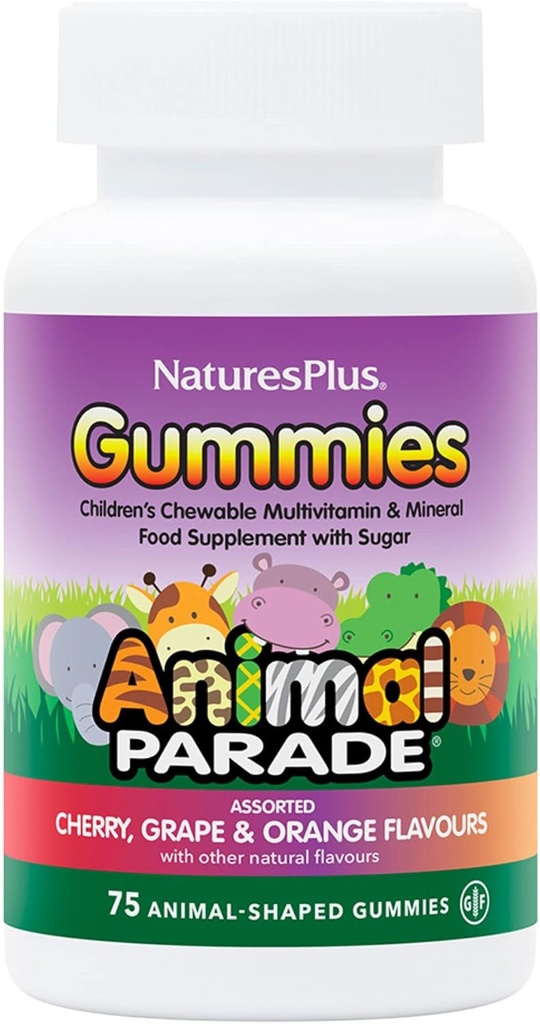 NaturesPlus Tier Parade Quelle der Lebensgummis - Natürliche Orange, Trauben und Kirsch Aromen - 75 Animal Shaped Gummies - Whole Food Kid's Multivitamin - Glutenfrei - 37 Servierungen