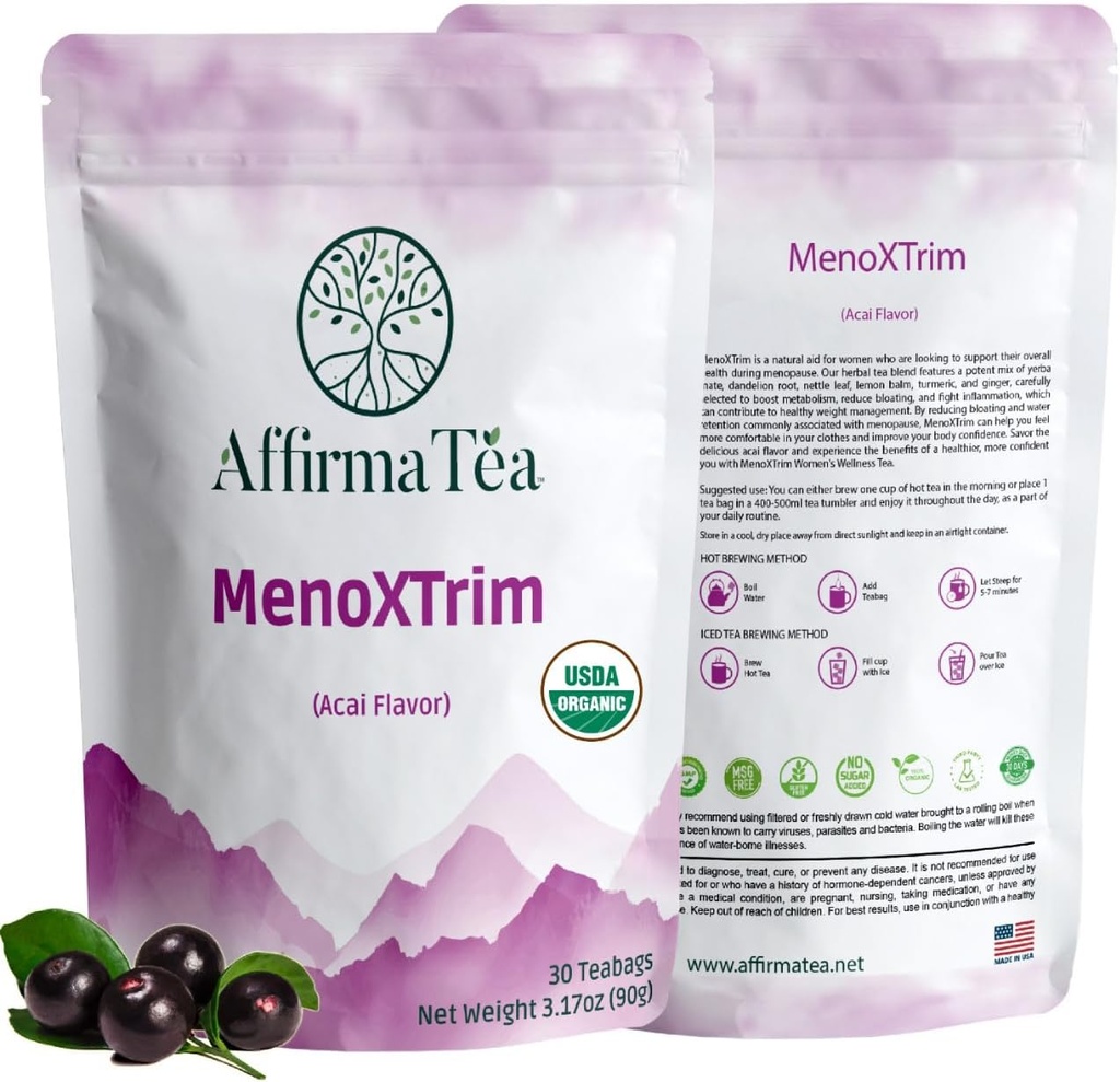 MénoXTrim Organic Ménopause Relief: Hormone Balance (en anglais seulement) Bloating (en anglais seulement) Hot Flashes (en anglais seulement) Excess Water (en anglais seulement) Midlife Belly (en anglais seulement) Yerba Mate, Dandelion, Nettle Leaf, Lemon Baume, Turmeric, Ginger (en anglais seulement).